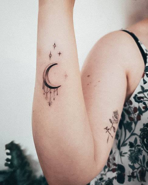 Aesthetic Moon And Stars Tattoo On Woman