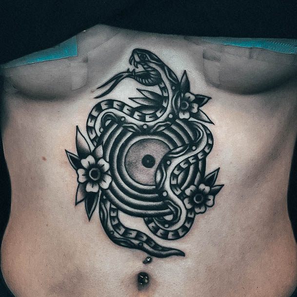 Aesthetic Music Tattoo On Woman Chest Snake Record Traditional Old School