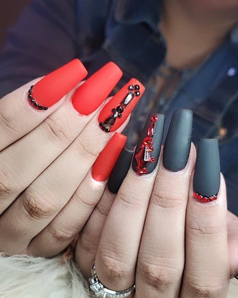 Aesthetic Red And Black Matte Nail On Woman