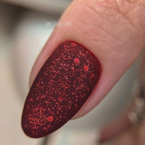 Aesthetic Red Glitter Nail On Woman