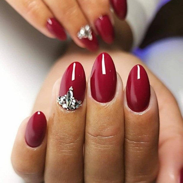 Aesthetic Red With Diamond Rhinestones Nail On Woman