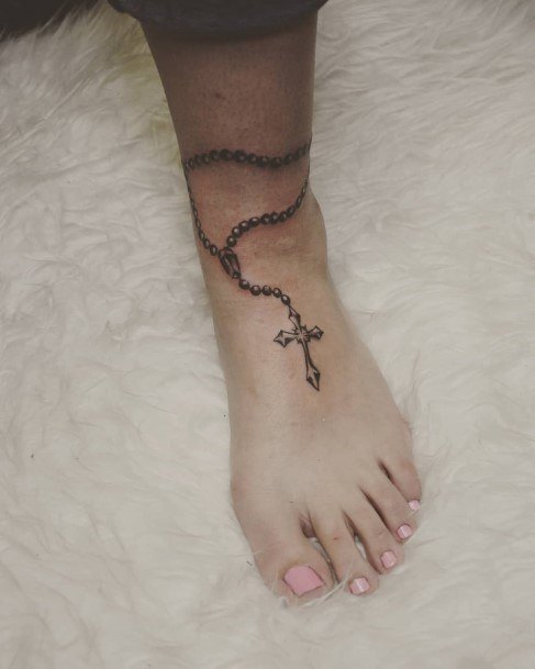 Aesthetic Rosary Tattoo On Woman Leg Band Foot