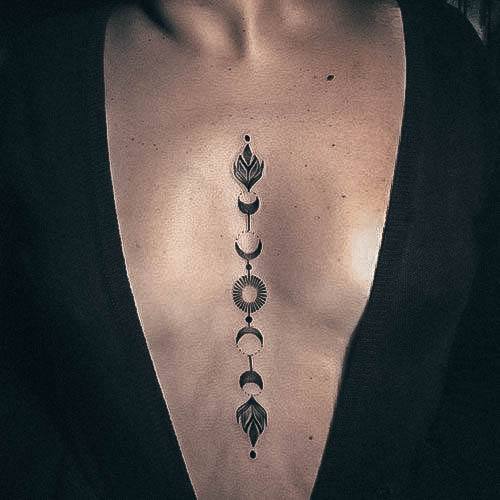 Aesthetic Sternum Tattoo On Woman Moon Phases
