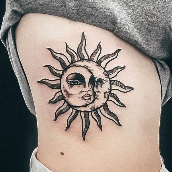 Aesthetic Sun And Moon Tattoo On Woman Rib Cage Side Of Body