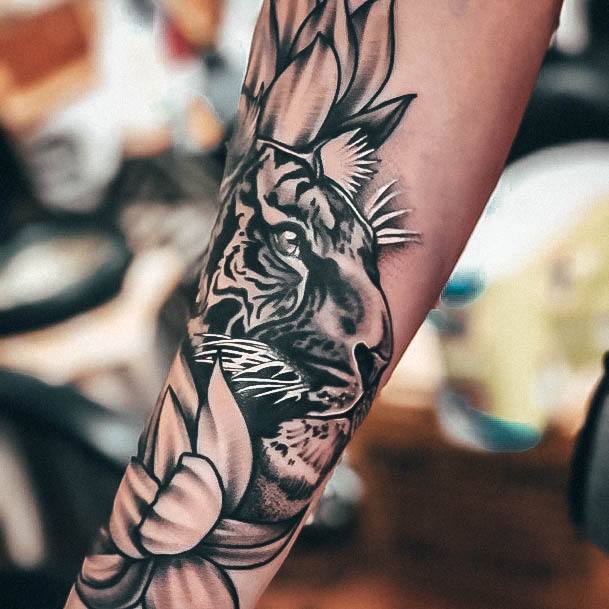 Aesthetic Tiger Tattoo On Woman Forearm