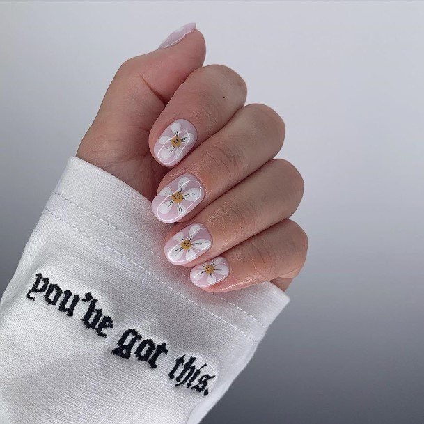 Aesthetic White With Flowers Nail On Woman