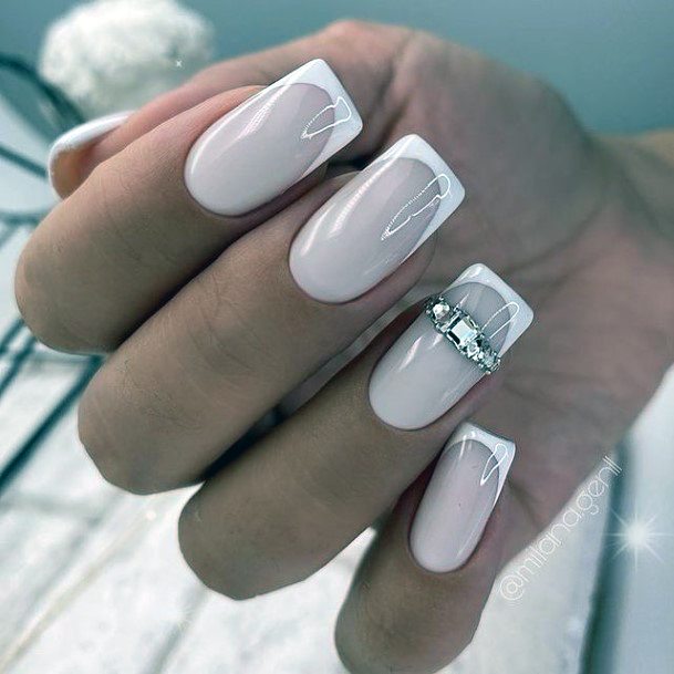 Aesthetic White With Rhinestones Nail On Woman