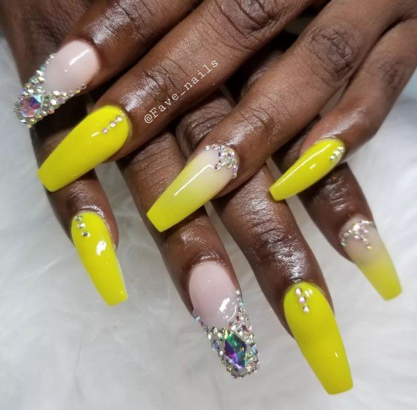 Aesthetic Yellow With Diamonds Nail On Woman