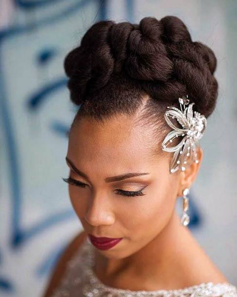 African American Wedding Hairstyle With Large Accent Into Thick Twisted Braid