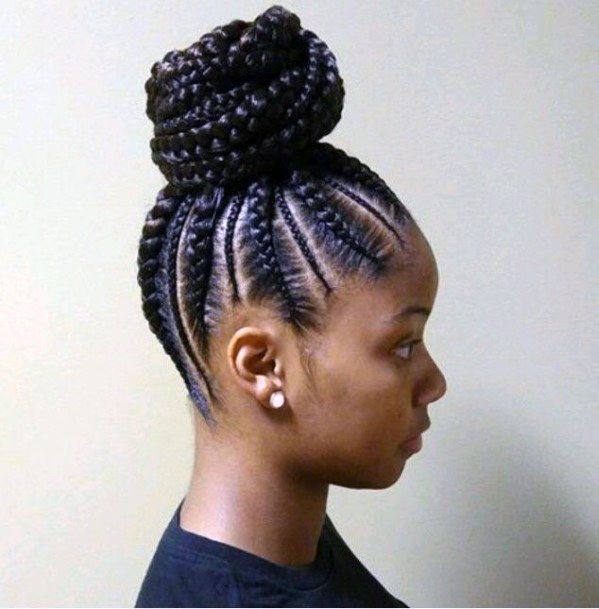 African American With Varying Small And Medium Cornrows Into Bun