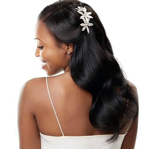 African American Woman With Long Black Hair And Formal Floral Hair Accent