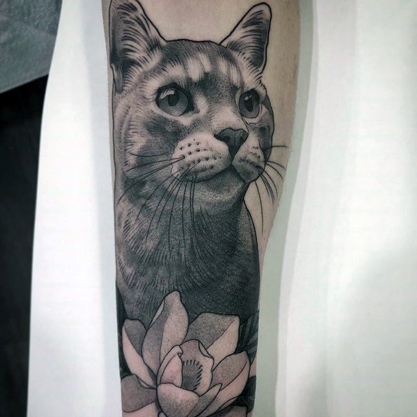 Agile Cat Tattoo With Flower For Women Realistic