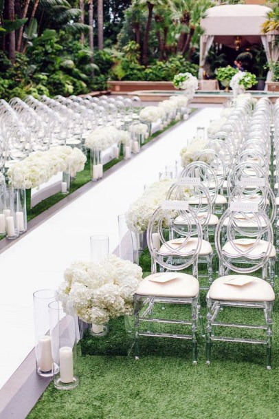 Aisle Decor With Candles And Hydrangea Wedding Flowers