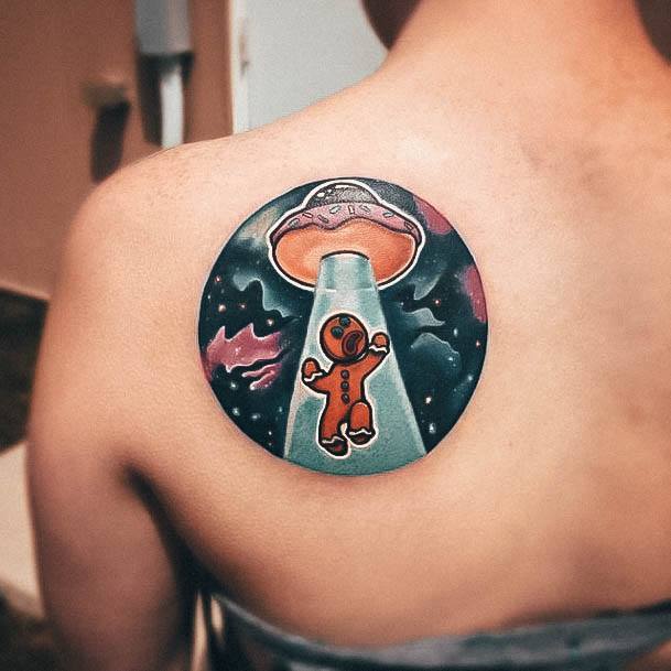 Alien Abuduction Themed Shoulder Back Impressive Ladies Gingerbread Man Tattoo