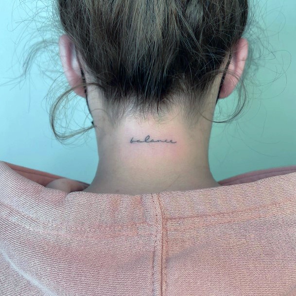 Alluring Ladies Balance Tattoo Ideas Word Neck