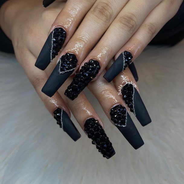 Alluring Ladies Black With Rhinestones Nail Ideas