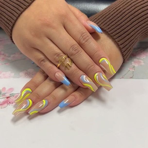 Alluring Ladies Blue And Yellow Nail Ideas