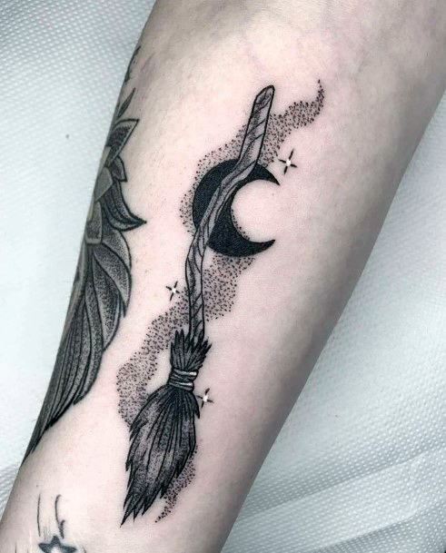 Alluring Ladies Broomstick Tattoo Ideas On Arm