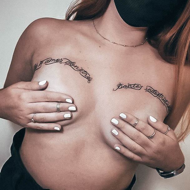 Alluring Ladies Lettering Tattoo Ideas Above Boob