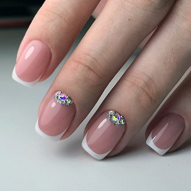 Alluring Ladies White With Rhinestones Nail Ideas