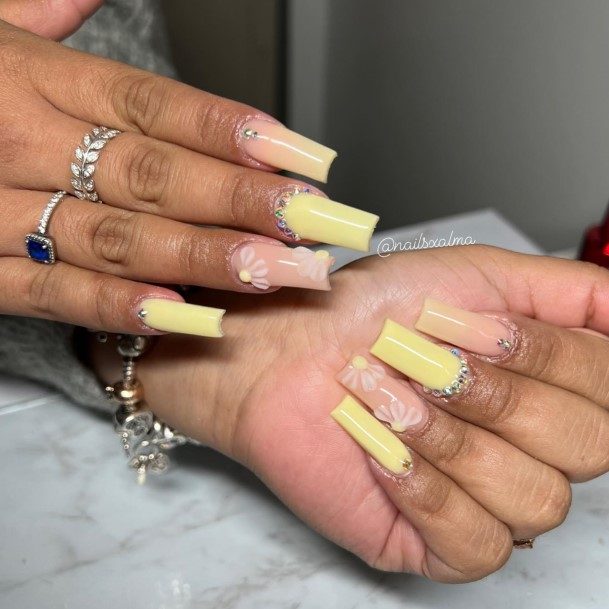 Alluring Ladies Yellow With Diamonds Nail Ideas