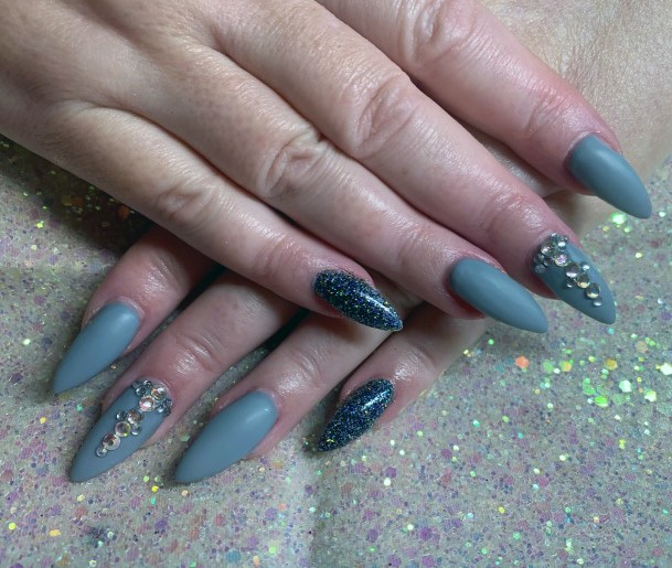 Almond Grey Matte Nails With Crystals Women