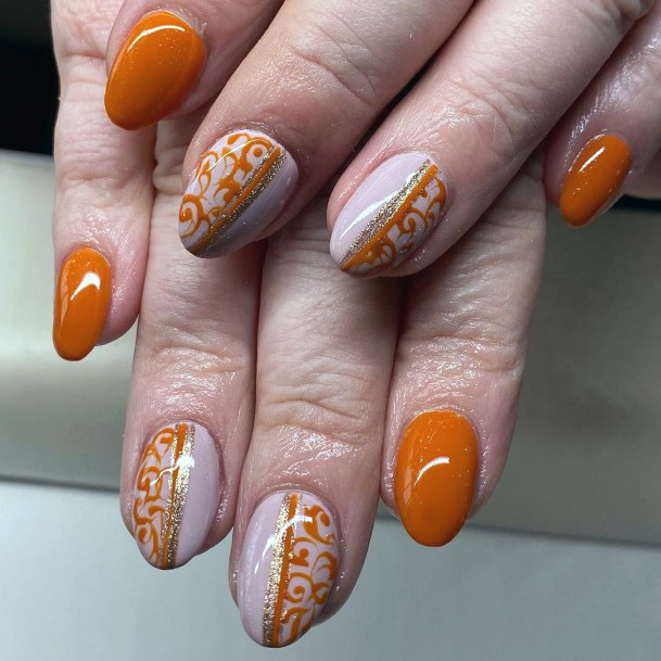 Almond Nails Orange Laced Design