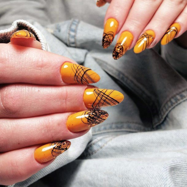 Almond Nails Pumpkin Colored With Black Lines For Women