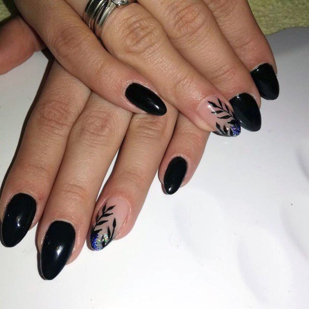 Almond Shape Nails Black With Sparkles Women