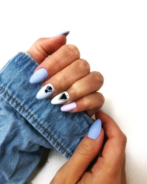 Almond Shape White Blue Gorgeous Triangle Nail Design For Ladies Ideas