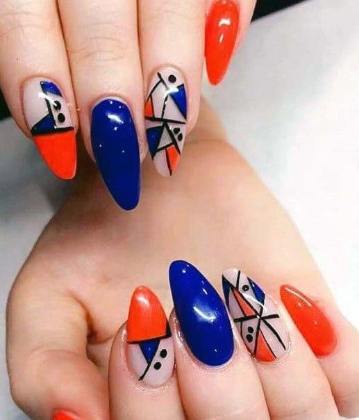 Almond Shaped Blue And Orange Nails For Women