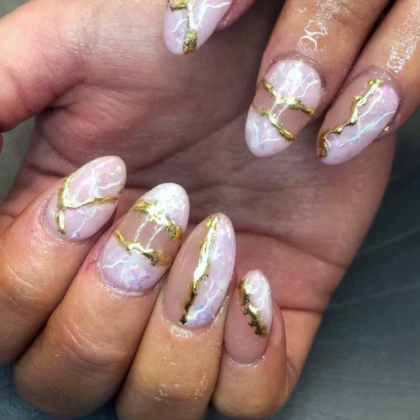 Almond Shaped Golden White Splurged Nails