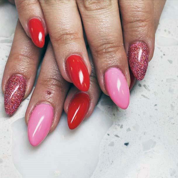 Almond Shaped Red And Pink Nails With Glitter Accent For Women