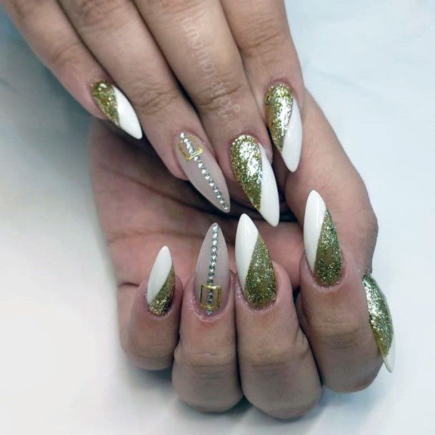 Almond Shaped White And Gold Nails