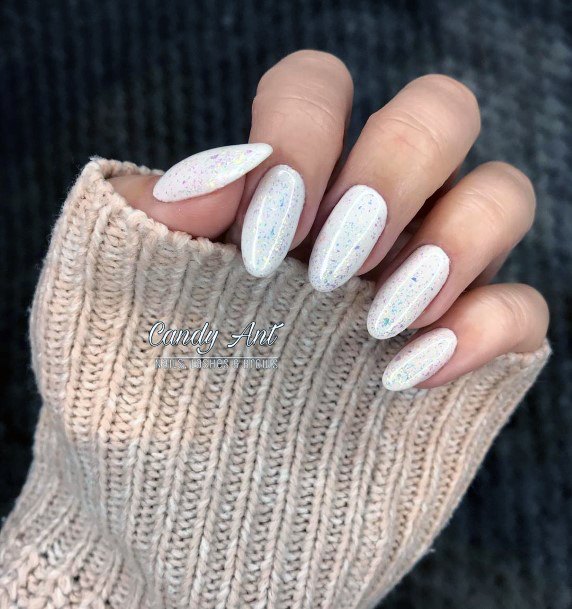 Almond White Snow Nails With Glitters For Women