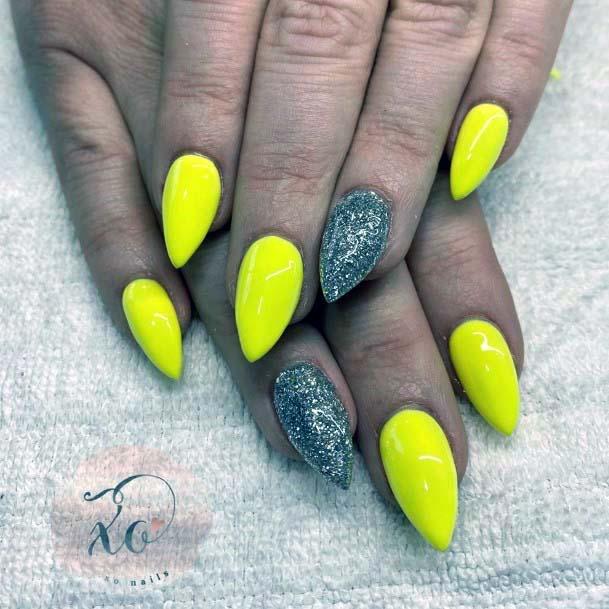 Almond Yellow Nails With Silver Accent For Women