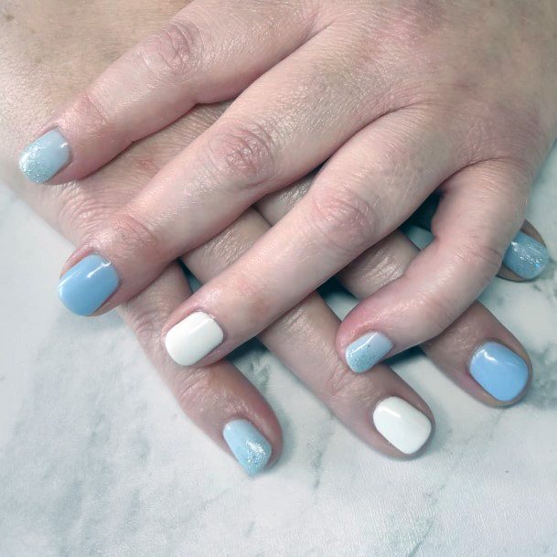 Alterating Blue And White Painted Nails Women