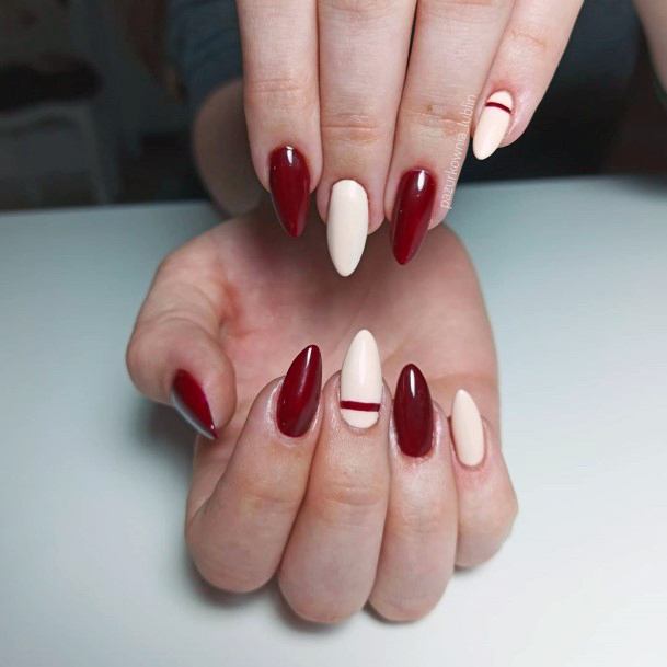 Alternating Red And White Nails Women