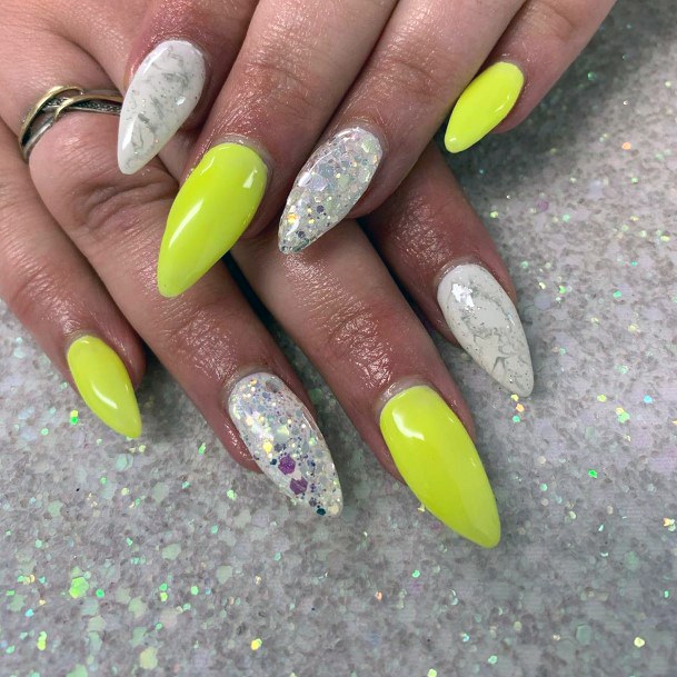 Alternating Silver And Neon Yellow Nails Women