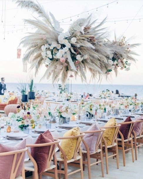 Amazing Beachy Wedding Reception Hanging Floral Centerpiece Pillow Decoration Ideas