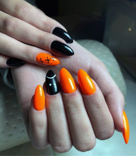 Amazing Bright Orange Glossy Black Nail Ideas For Women