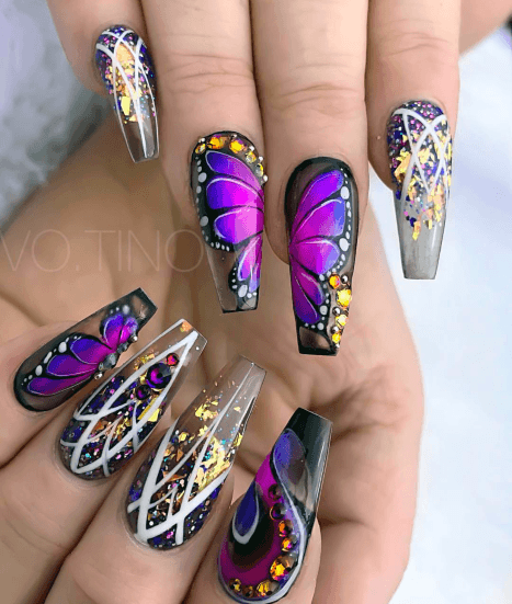 Amazing Bright Purple Winged Butterflies On Nails Women