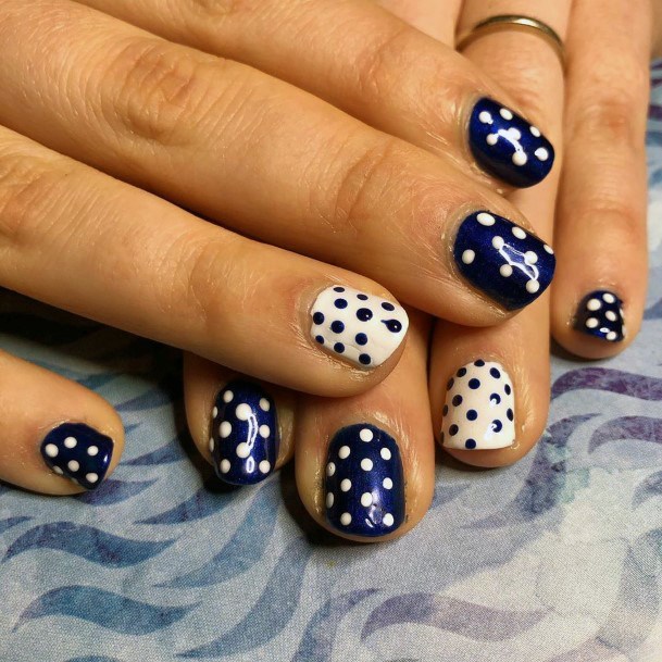 Amazing Dark Blue And White Polka Dotted Nail Art For Women