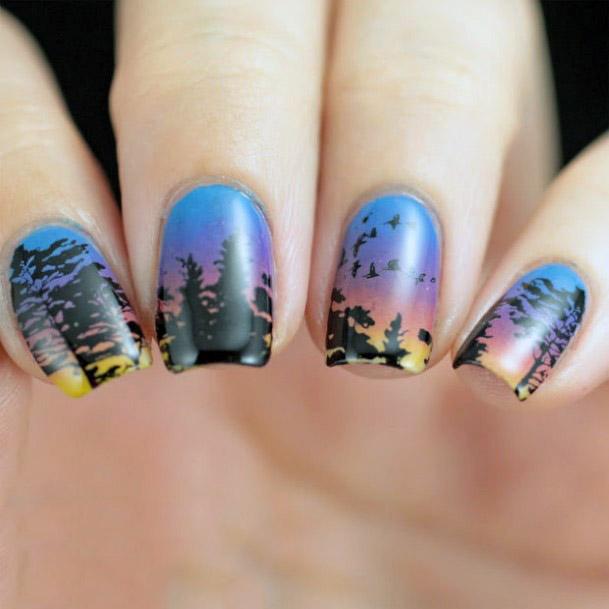 Amazing Dark Trees Landscape Art On Nails Women