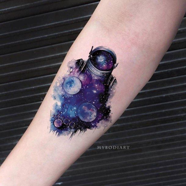 Amazing Galaxy Tattoo Ideas For Women Purple And Blue Watercolor Astronaut