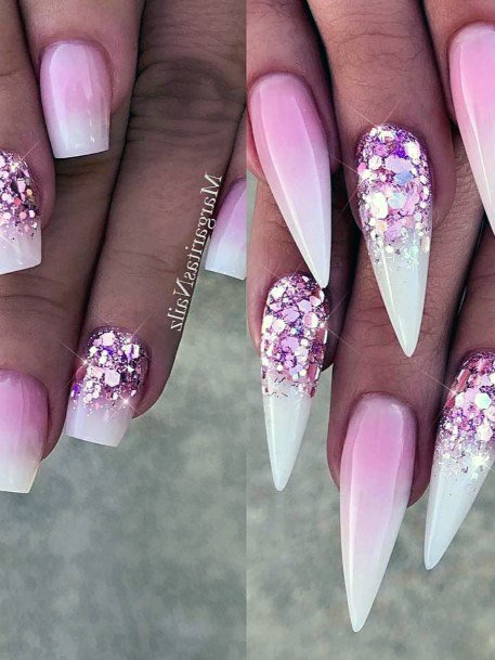 Amazing Gradient Pink Nails With Glitters Women Stilletto