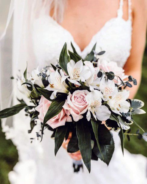 Amazing Green Leaves Light Pink White Winter Wedding Flower Bouquet For Brides