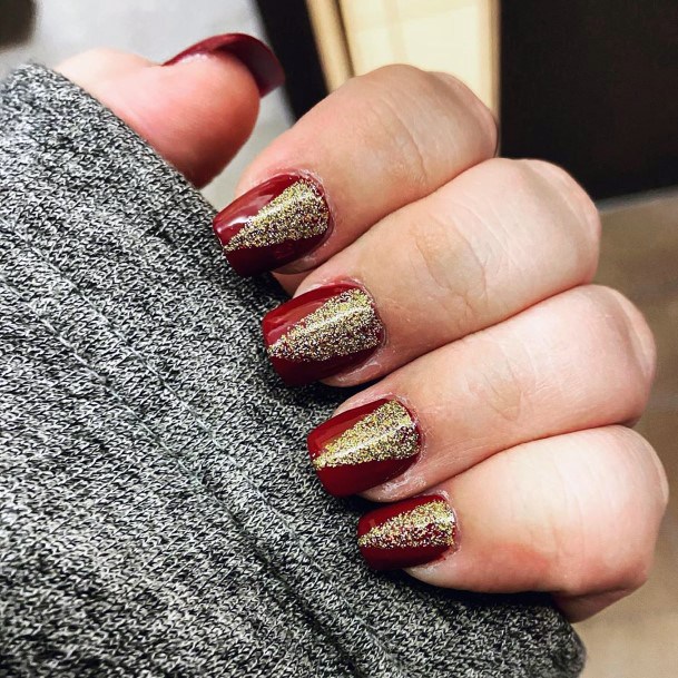 Amazing Maroon And Gold Triangle Nail Design For Ladies