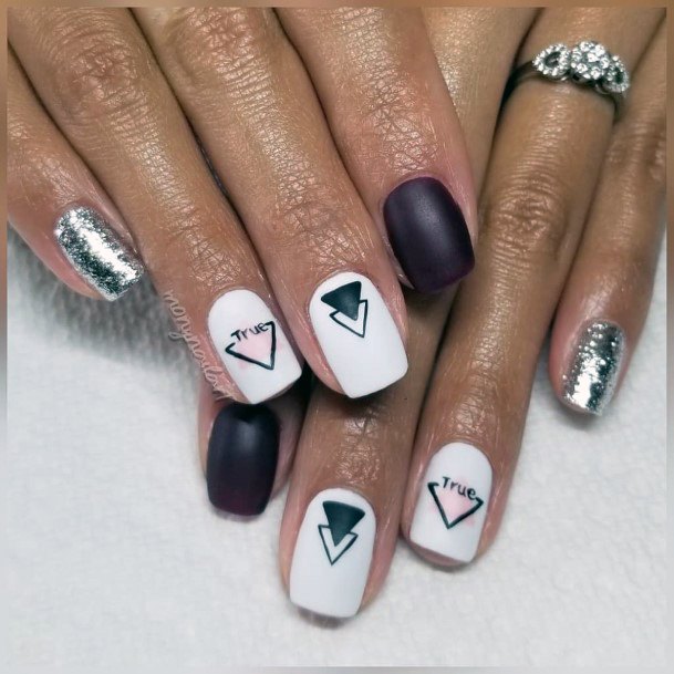 Amazing Matte Dark Brown Bright White Shiny Silver Sparkling Triangle Nail Ideas For Women