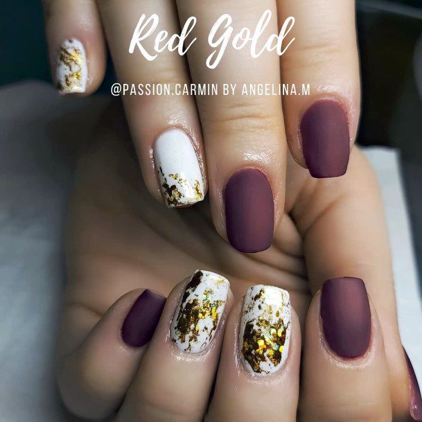 Amazing Matte Maroon Glossy White And Gold Nail Ideasw For Women